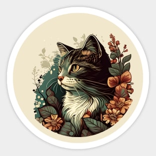 Cat Filled With Flowers In The Meadow Colorful - Love Cats Sticker